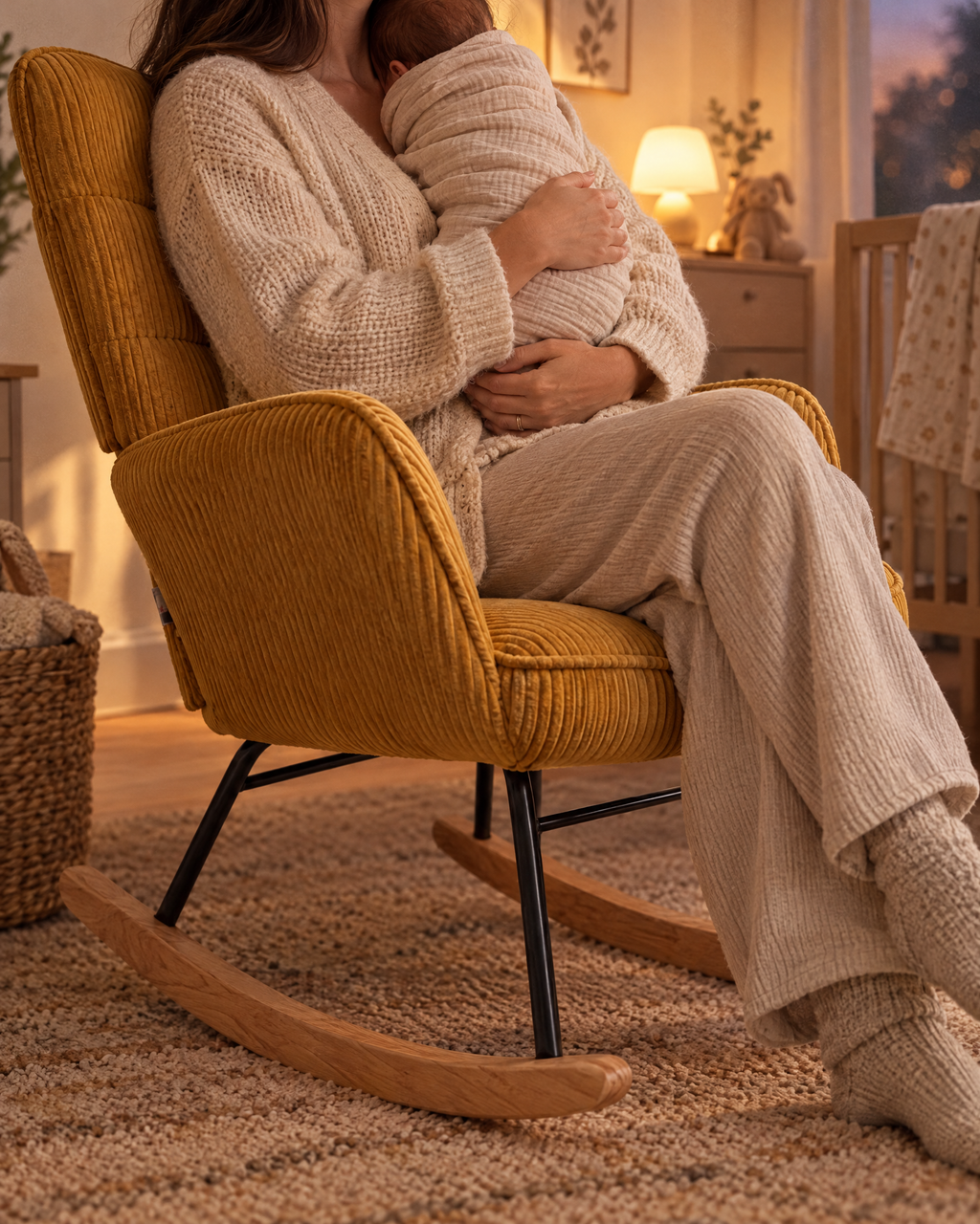 Fauteuil d'allaitement Orma – Velours côtelé moutarde
