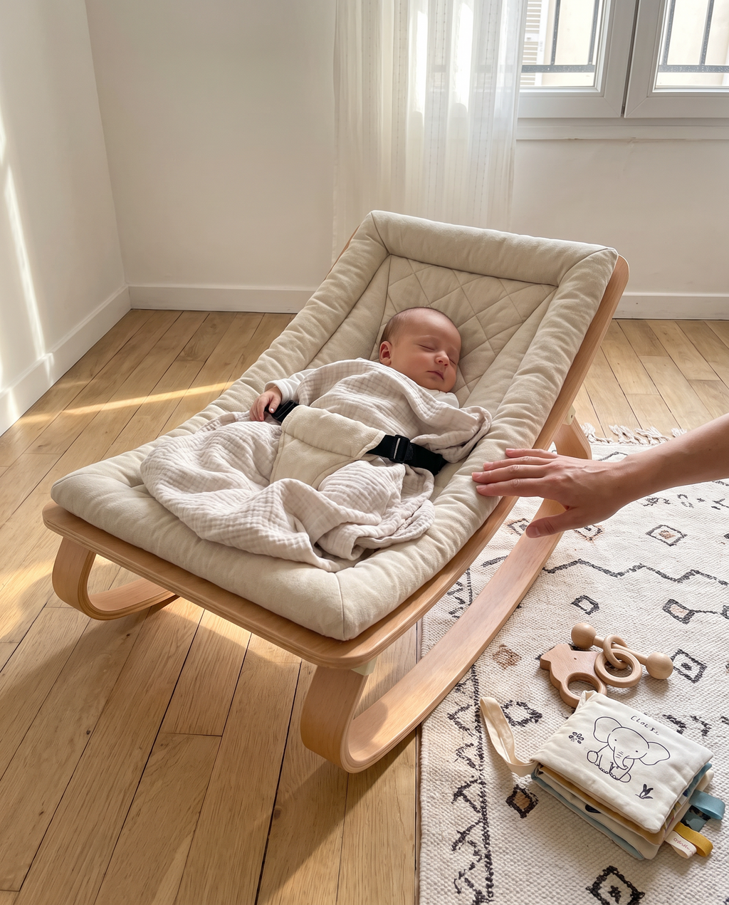 Transat à bascule évolutif en hêtre avec bébé endormi