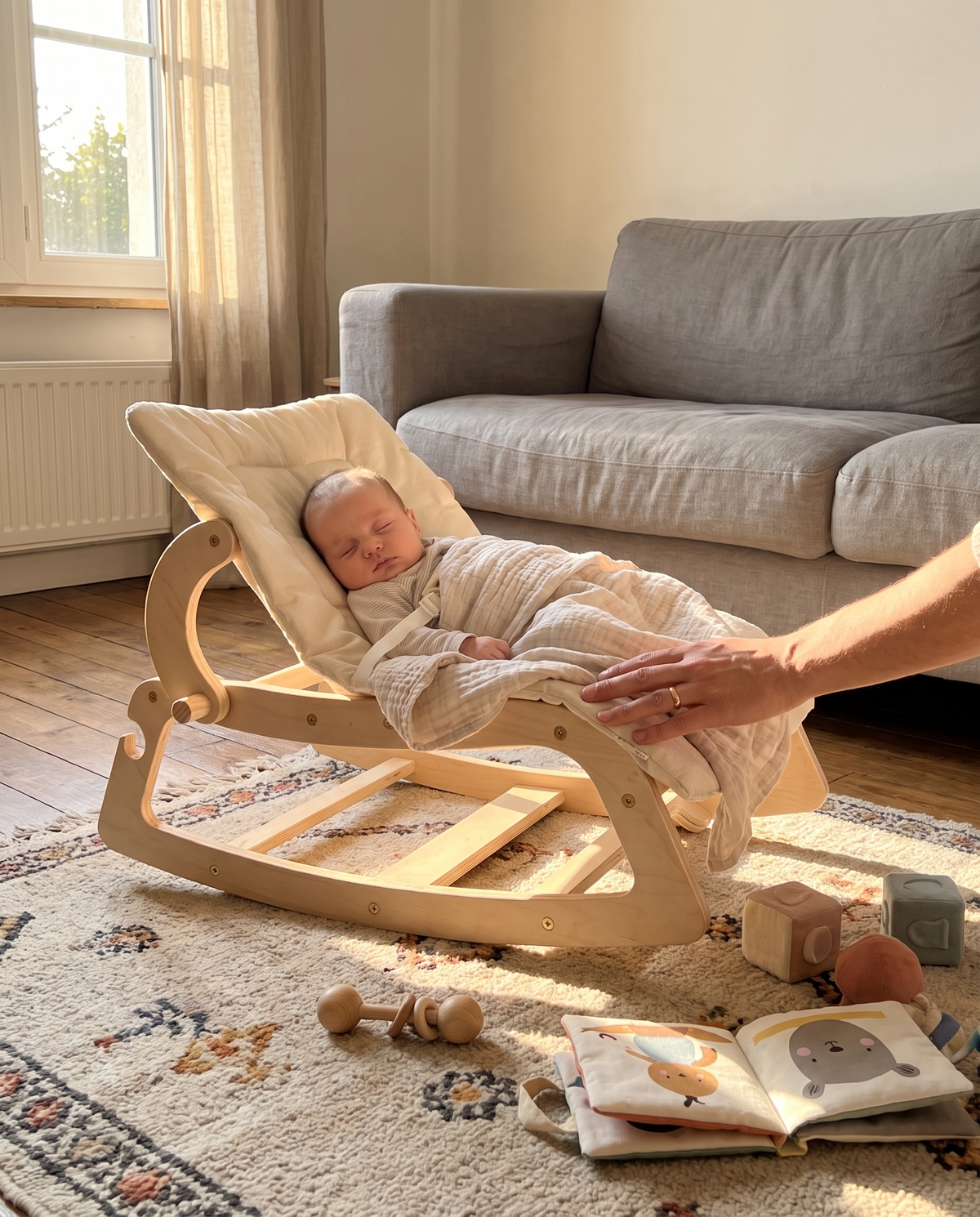 Transat à bascule 3 en 1 en bois avec bébé endormi