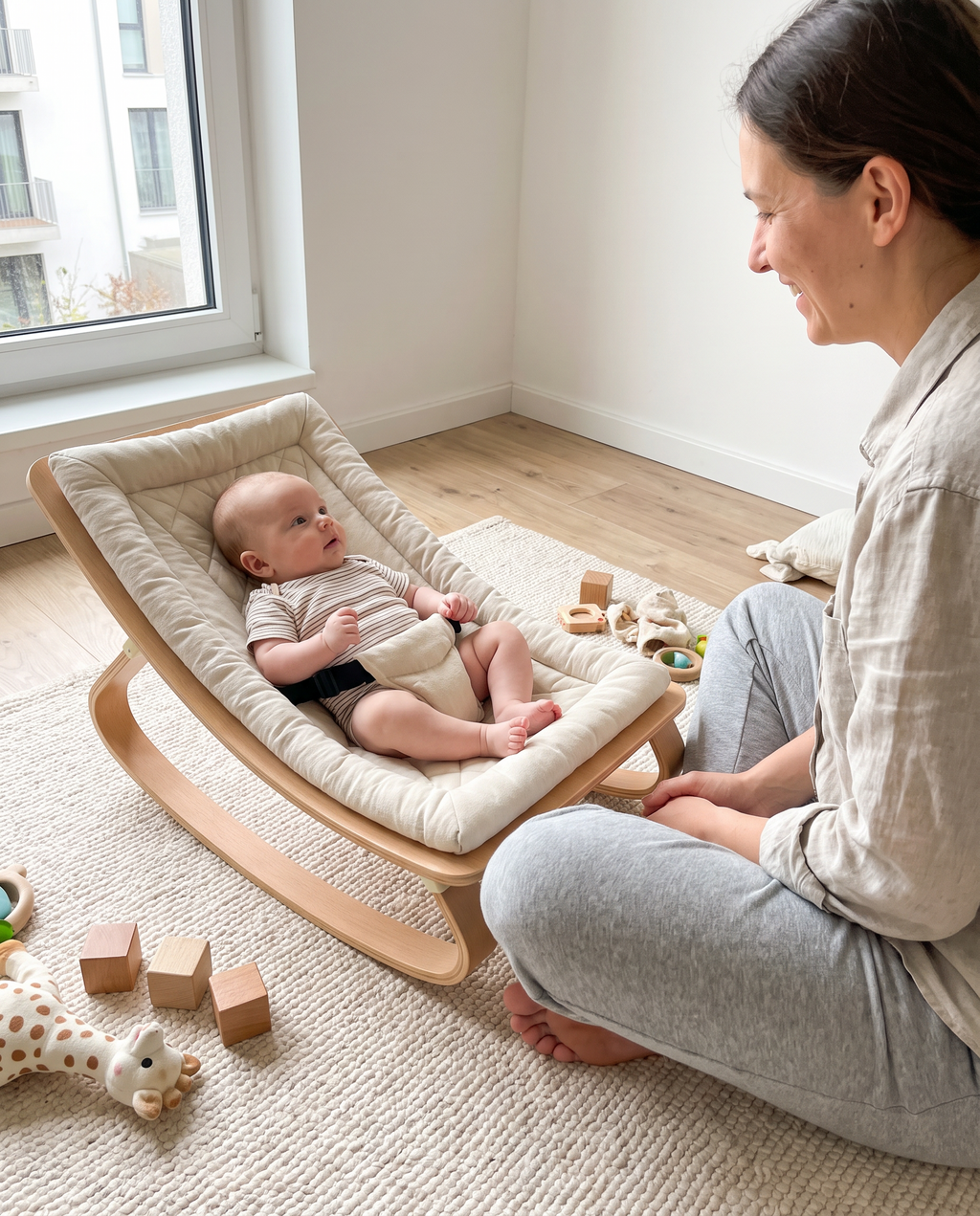 Transat à bascule évolutif en hêtre avec un parent et son bébé